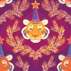 Colorful seamless pattern with tiger