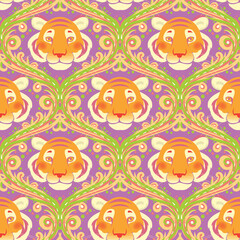 Seamless pattern with tiger portrait