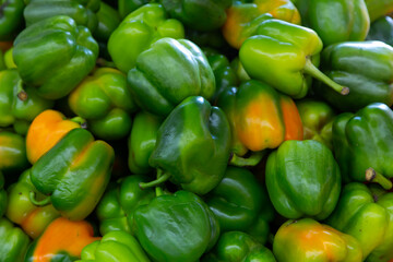 Fototapeta na wymiar Fresh bell pepper for sale on counter of farmer market. Agricultural products