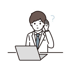 パソコンの前で聞き返す難聴の男性薬剤師・医師のイラスト