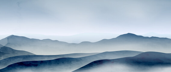 Watercolor art background with mountains and hills in the fog in cold blue tones. Landscape banner in oriental style for wallpaper, interior design, print
