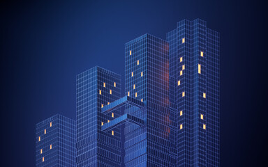 Urban building at night, modular building,3d rendering.