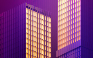 Urban building at night, modular building,3d rendering.