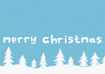Merry Christmas text and white silhouette trees on the blue background and some snow fall