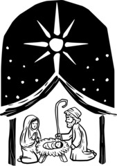 Holy family in the manger. Illuminated by the star of Bethlehem. Estilo xilogravura e literatura de cordel