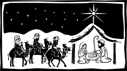 Three wise men bringing gifts to Jesus. Illustration in woodcut style.