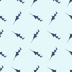 Saw shark seamless pattern in scandinavian style. Marine animals background. Vector illustration for children funny textile.