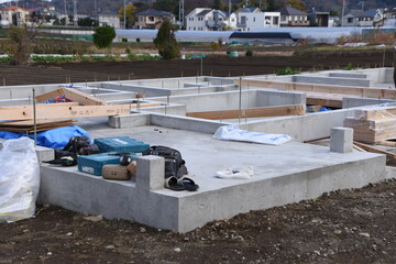 New housing construction site. Foundation work of housing construction. 