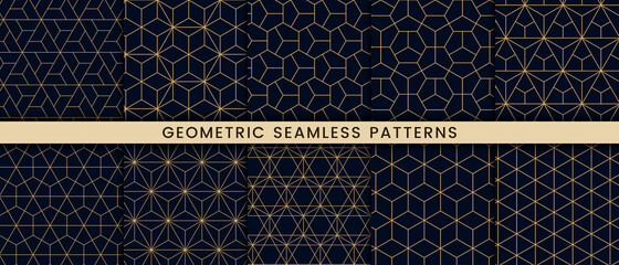 Set of geometric seamless pattern polygonal shape. Luxury with gold lines on dark navy background