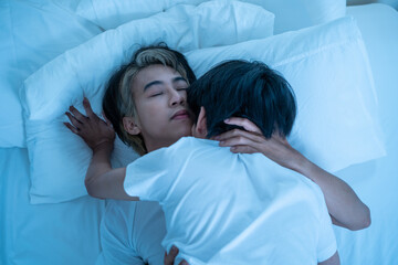 Asian attractive male LQBTQ starting foreplay and making love at home. 
