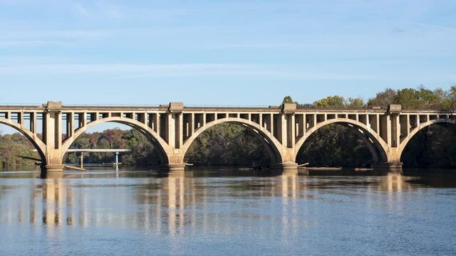 A 4k timelapse of the Fredericksburg Rail Bridge on a clear fall morning.