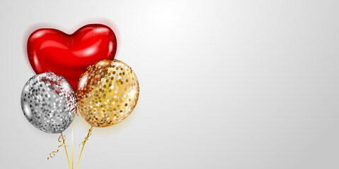 Vector illustration with several golden, red and silver helium balloons, round and heart-shaped, on white background