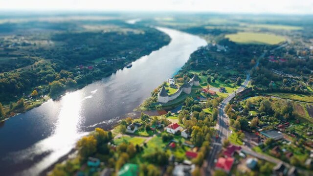 Old Russian fortress. Ancient fortress on the coast of Volkhov river in the town of Staraya Ladoga (Old Ladoga) in Russia. Aerial view of the ancient fortress.