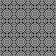 Seamless pattern with monochrome circles, rings, spirals. Abstract geometric shapes texture. Minimalistic composition for textile, web design, cards, background. Vector illustration