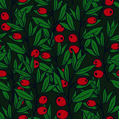 Seamless Christmas pattern with spruce branches. berries and stars. Vector illustration.