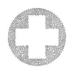 Continuous one line drawing flat design cross badge icon. Black geometric shape. Tag or logo. Abstract isolated sign. Business element. Swirl curl circle background style. Single line draw vector