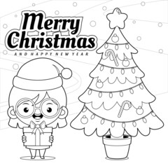 Coloring book for kids. Happy Cute Girl Holding Gift Celebrating Christmas And New Year
