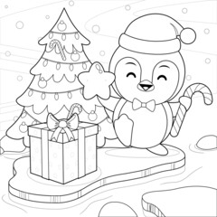 Coloring book for kids. Happy Cute Penguin Celebrating Christmas And New Year On Iceberg