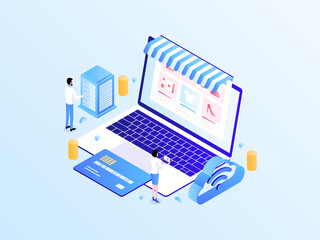 Online Shopping Isometric Light Gradient Illustration. Suitable for Mobile App, Website, Banner, Diagrams, Infographics, and Other Graphic Assets.