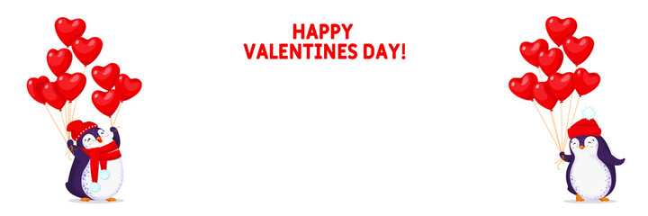 Banner made for Valentine Day with a funny penguins in a cute hats. Cartoon penguin with balloons hearts. Vector illustration.
