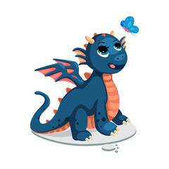 cute dragon with butterfly cartoon vector illustration