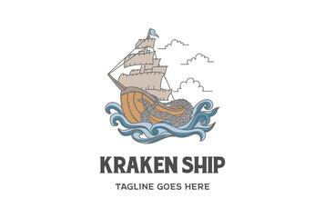 Vintage Viking Ship with Giant Octopus and Wave Logo Design