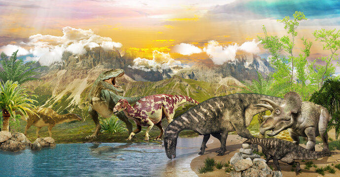Fototapeta Dinosaurs in the park by the lake. 3d image