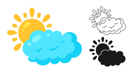 Sun and cloud weather icon set. Line, silhouette cartoon suns, cloudy symbol. Graphic meteorological infographics sign. Funny childish sunny nature weather collection vector illustration