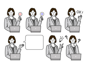 スーツ姿のビジネスウーマンがパソコンの前に座りマルバツやオッケーなどの表情バリエーションの白背景に線画のシンプルなイラスト