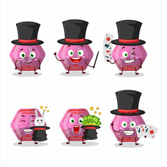 A pink gummy candy j Magician cartoon character perform on a stage