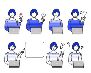 カジュアルでお洒落な服装のWEBデザイナー風の若い女性がパソコンの前に座りマルバツやオッケーなどの表情バリエーションの白背景に線画のシンプルなイラスト