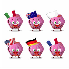 Fototapeta premium Pink gummy candy j cartoon character bring the flags of various countries