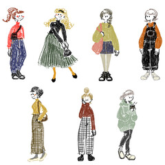 秋冬ファッションの女性セット手描きイラスト