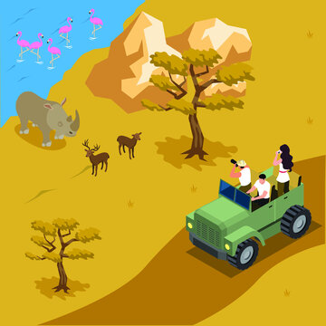 African safari tour tourists taking photos of animals isometric 3d vector concept for banner, website, illustration, landing page, flyer, etc.