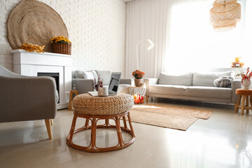 Cozy interior of living room with autumn decor