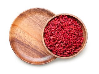 Bowl with dried barberry on white background