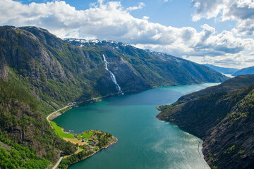 Landscape of the Langfoss waterfall and mountains in Akrafjorden, Norway