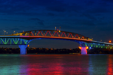 Night View to the Iconic Harbour Bridge Auckland New Zeland; Light Performance During Auckland Anniversary