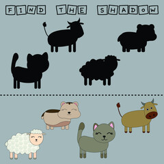 Find a shadow  pets. Match sheep, hamster, cat, cow with correct shadow Preschool worksheet, kids activity worksheet, printable worksheet
