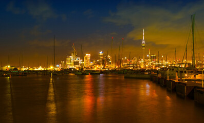Fototapeta na wymiar Night View to Auckland New Zealand from Westhaven Boats Marina