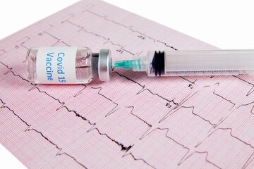Covid-19 Vaccine bottle with needle inserted into bottle on an echocardiograph test