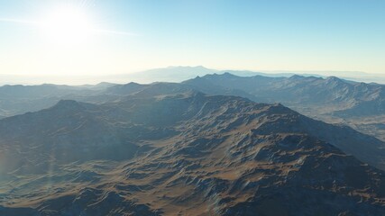 Fototapeta premium realistic surface of an alien planet, view from the surface of an exo-planet, canyons on an alien planet, stone planet, desert planet 3d render