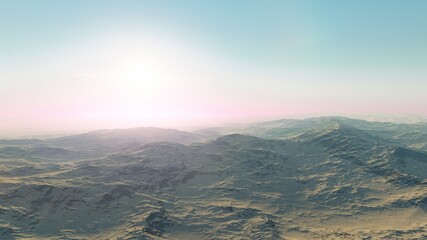 realistic surface of an alien planet, view from the surface of an exo-planet, canyons on an alien planet, stone planet, desert planet 3d render