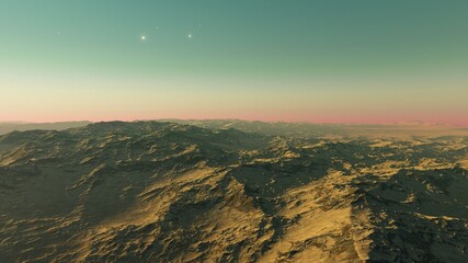 realistic surface of an alien planet, view from the surface of an exo-planet, canyons on an alien planet, stone planet, desert planet 3d render