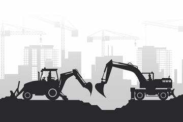 Background of buildings under construction and heavy machinery with silhouettes of backhoe and wheel excavator