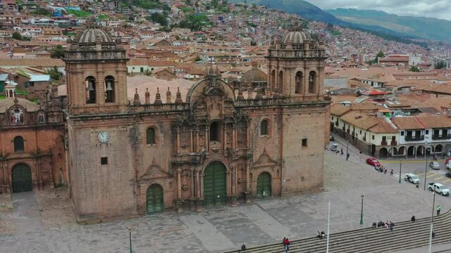 Cusco, Peru Frontis of Main cathedral and city Drone UHD.
