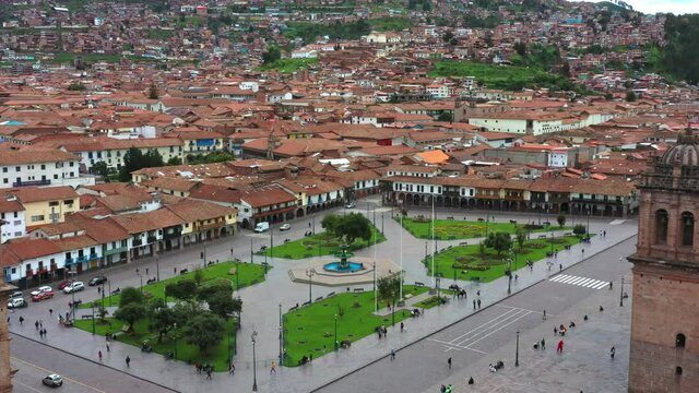 Cusco, Peru Main square plaza Drone UHD.