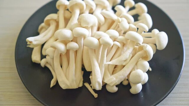 fresh white beech mushroom or white reishi mushroom on plate