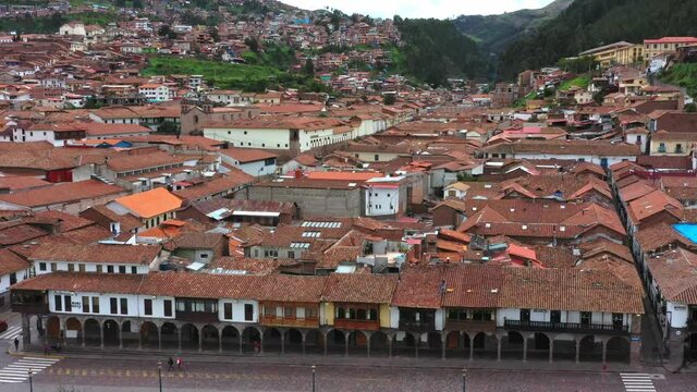 Cusco, Peru Buildings next to Main square plaza Drone UHD