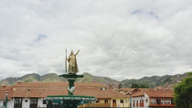 Cusco, Peru Pachacutec statue in Main square plaza Drone UHD